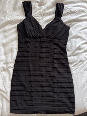 Black Pleated Ruched V-Neck Mini Dress